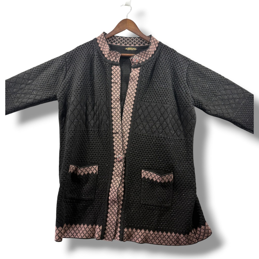 Mert Triko Womens 4XL Black Pink Metallic Knit Button Front Cardigan Sweater